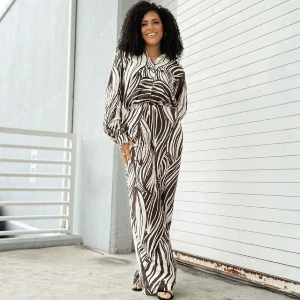 ZARA African Plus Size Zebra Print Long Sleeve Shirt Casual Pants Set